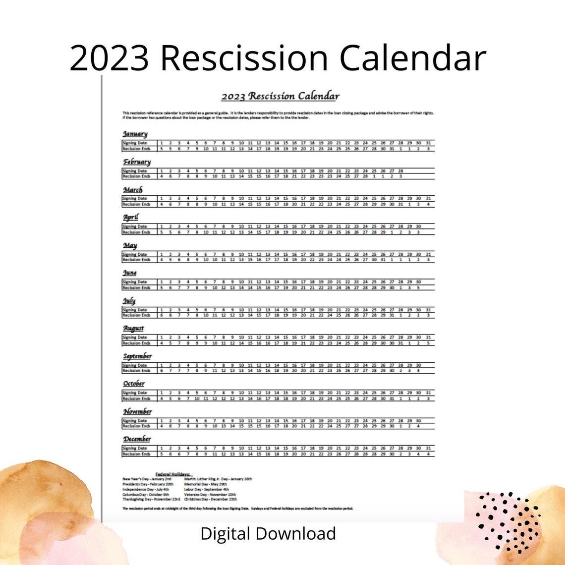 2025 Rescission Calendar for Loan Signing Agents Business Etsy