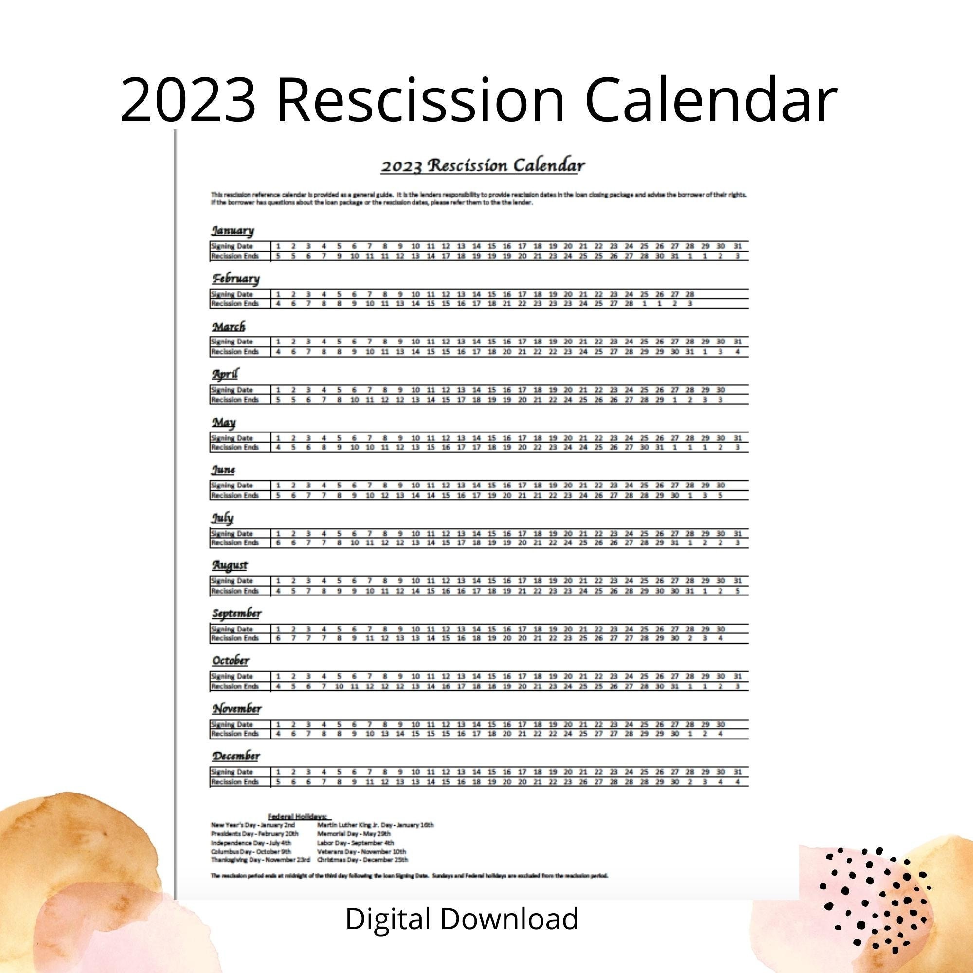 2023 Rescission Calendar for Loan Signing Agents Business - Etsy