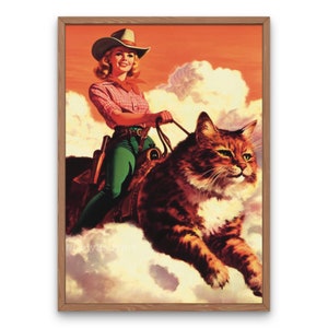 Retro Cowgirl Riding Cat Art Print: Surreal Western Decor