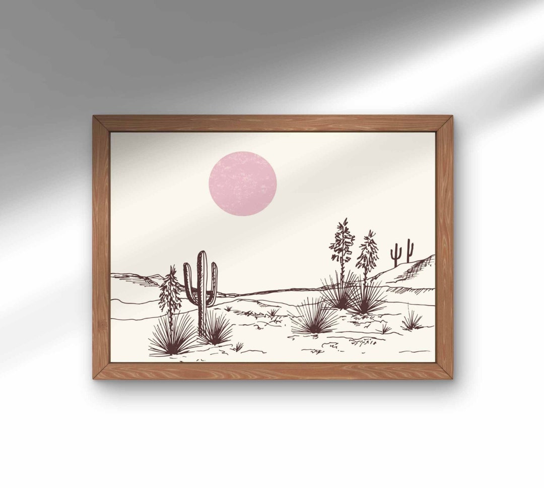 Pink Cactus Desert Landscape Print: Minimalist Western Wall Art ...