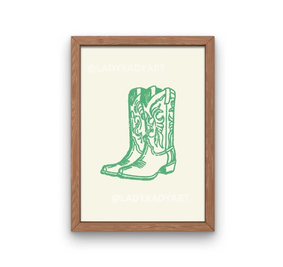 Green Distressed Cowboy Boot Print, Retro Western Art (Digital Download)