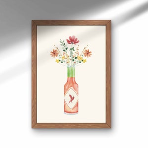 Hot Sauce Vase with Wildflowers Art Print, Hot Sauce Wall Art, PRINTABLE Kitchen Wall Art, Hot Sauce Lover Gift, Funky Kitchen Art Print