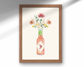 Hot Sauce Vase mit Wildblumen Art Print, Hot Sauce Wandkunst, DRUCKBARE Küchen Wandkunst, Hot Sauce Liebhaber Geschenk, Funky Kitchen Art Print