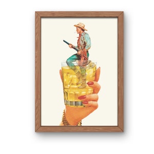 Shotgun Cowboy Whiskey Collage Art, Vintage Cowboy Art Print, Western Art Print, Western Cowboy gift, Retro Cowboy Decor, Bar Cart Art Print