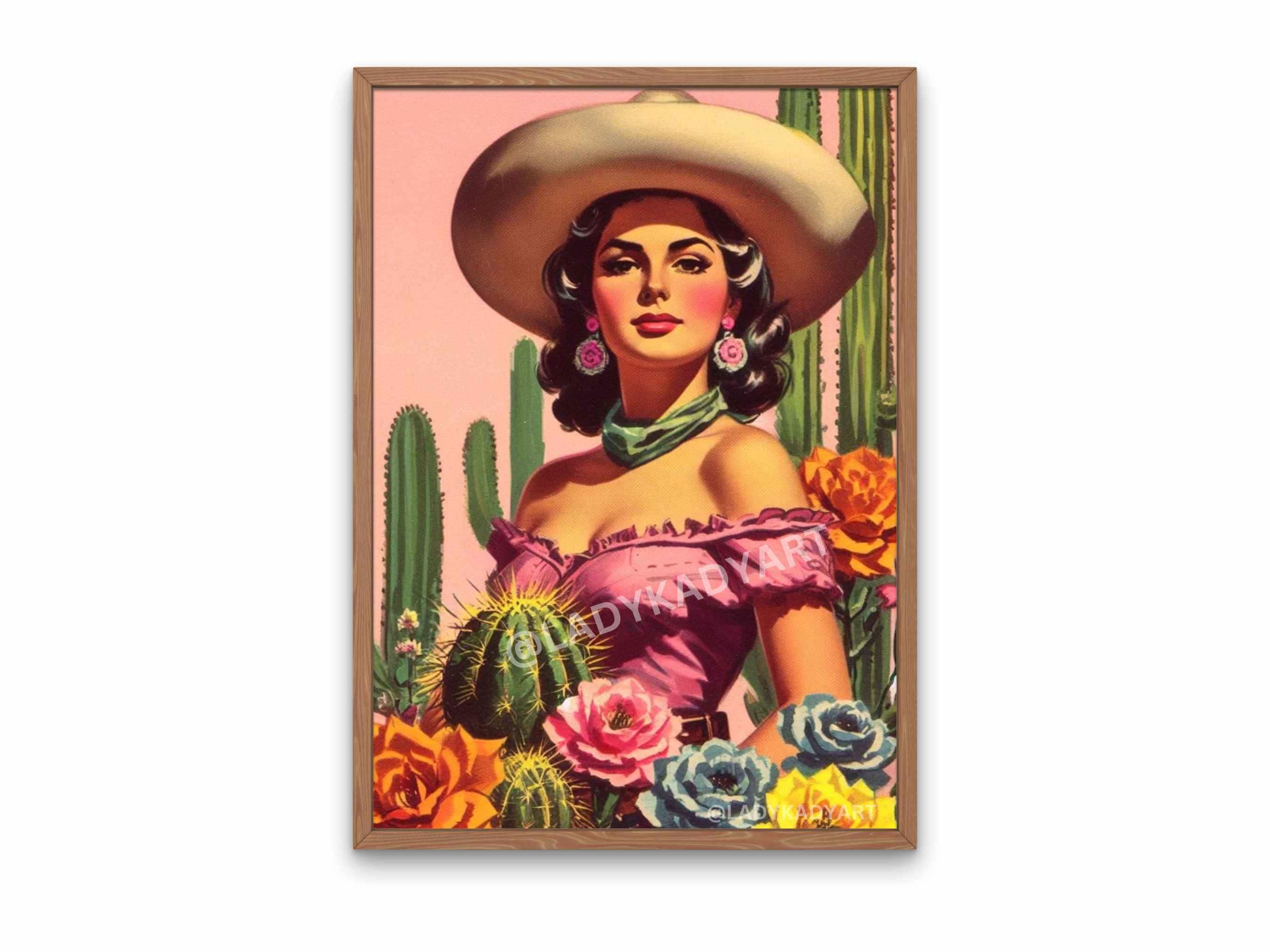Latina Cowgirl Portrait, Cowboy Art, Retro Cactus Cowgirl Decor, Mexican Cowgirl Decor, Hispanic Vaquera Portrait, Modern Mexican Home Decor