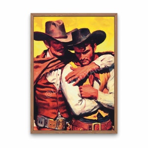 May include: Two cowboys in brown and black cowboy hats stand close together, with one cowboy's arm around the other's shoulder. The cowboys are wearing brown vests and white shirts. The background is a yellow and orange sunset.