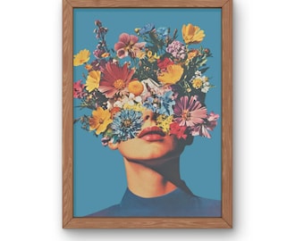 Vintage Woman Floral Collage Art Print: Retro Surreal Decor