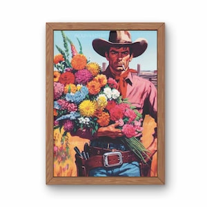 Floral Cowboy Art, Vintage Cowboy Art Print, Western Art Print, Western Cowboy gift, Retro Cowboy Decor, Western Cowboy Painting