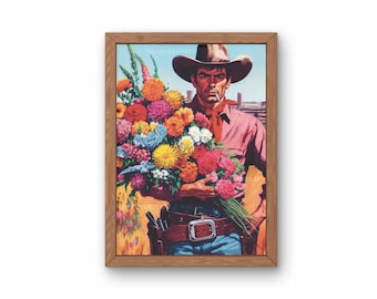 Floral Cowboy Art, Vintage Cowboy Art Print, Western Art Print, Western Cowboy gift, Retro Cowboy Decor, Western Cowboy Painting