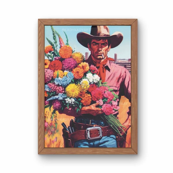 Floral Cowboy Art, Vintage Cowboy Art Print, Western Art Print, Western Cowboy gift, Retro Cowboy Decor, Western Cowboy Painting