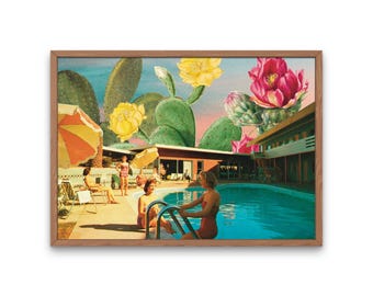 Cactus Pool Art Print: Retro Palm Springs Surreal Collage