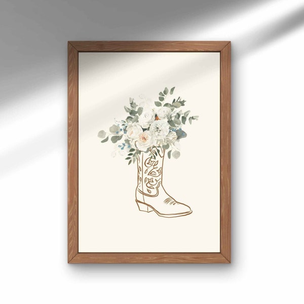 Floral Cowboy Boot Art, PRINTABLE Western Art, Vintage Western Decor, Cowgirl Boot Poster, Watercolor Floral Cowboy Boot Art Print