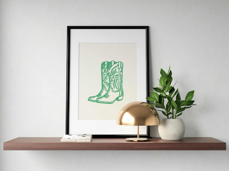 Green Distressed Cowboy Boot Print, Retro Western Art (Digital Download) image 2