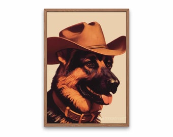German Shepherd Cowboy Art Print: Western Dog Portrait
