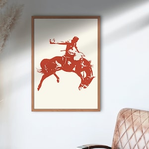 Red Rust Rodeo Print: Vintage Cowboy on Bucking Bronco (Digital Download)