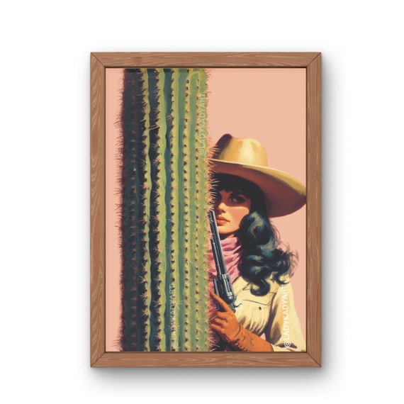 Retro Cowgirl Art Print: Sharp Shooter with Cactus