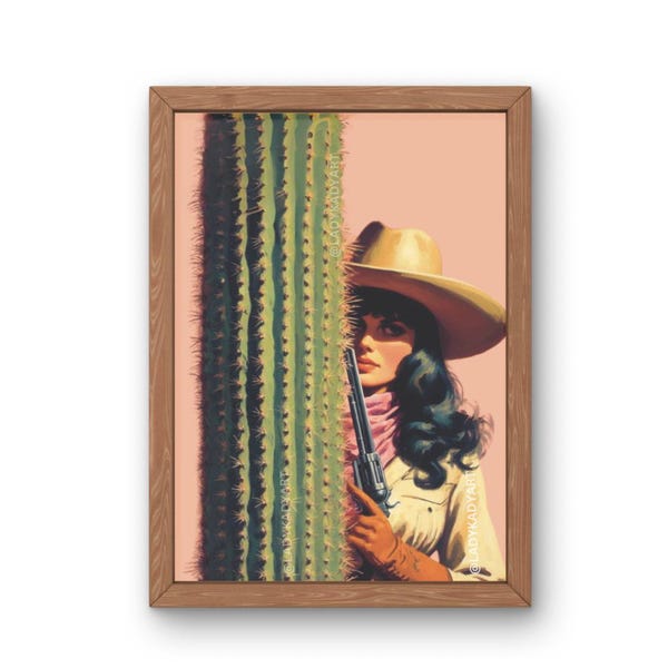 Retro Cowgirl Art Print: Sharp Shooter with Cactus