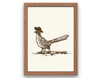 May include: A brown line drawing of a roadrunner wearing a cowboy hat, standing on a patch of grass. The roadrunner is facing the right side of the image.