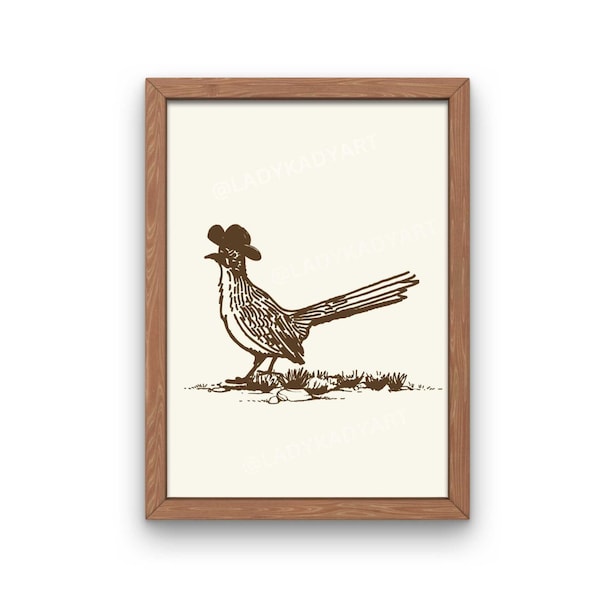 Cowboy Roadrunner Print, Western PRINTABLE, Vintage Western Decor, Southwestern Wall Art, Cowboy Animal Art Print, Desert Wall Art Print