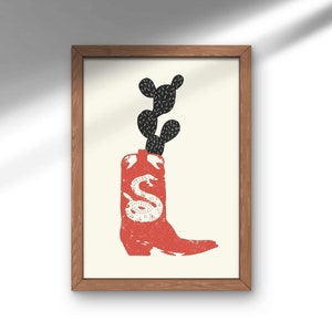 Beunruhigt Cowboy Boot Art, DRUCKBARE westliche Kunst, Vintage Western-Dekor, Schlange Cowboy Boot Art, Kaktus Wüste Schlangenkunst, Kunst des Südwestens