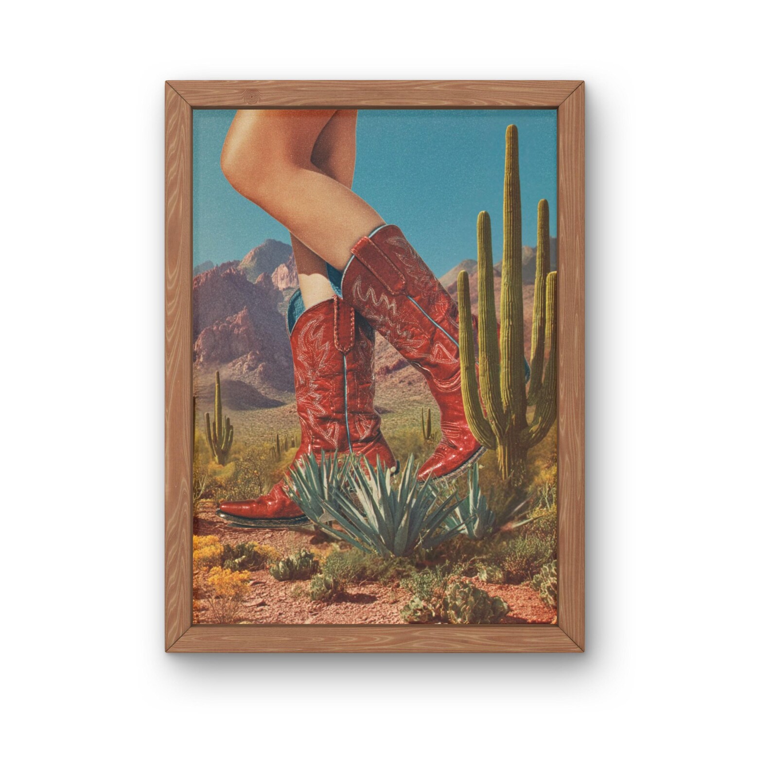 Red Cowgirl Boot Art Print: Retro Western Surreal Desert Decor - 11x14 inches