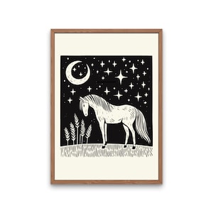 Starry Horse Art Print, Western Home Decor, Cowboy Wall Art, Linocut Art Print, Horse Art Print, Midnight Cowboy Art, Western Illustration