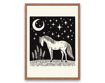 Starry Horse Linocut Art Print: Western Cowboy Decor