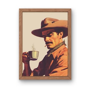 May include: A vintage illustration of a cowboy wearing a brown hat and a red shirt, holding a cup of coffee and smoking a cigarette.