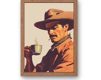 May include: A vintage illustration of a cowboy wearing a brown hat and a red shirt, holding a cup of coffee and smoking a cigarette.