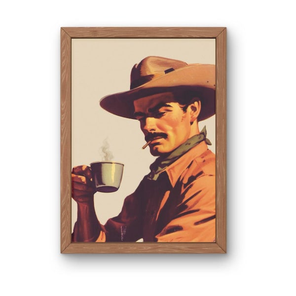 Coffee Cowboy Art Print: Retro Western Kitchen Decor