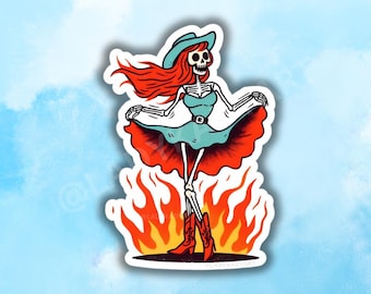 Skeleton Cowgirl Vinyl Sticker: Spooky Western Art