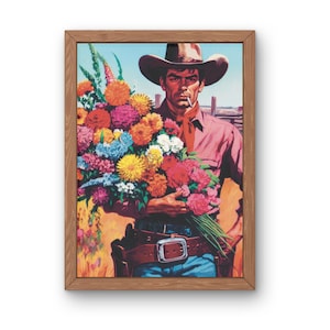 May include: A framed print depicting a cowboy wearing a brown hat and a red neckerchief, holding a large, vibrant bouquet of colorful flowers including orange, yellow, pink, and blue blossoms. The figure wears a brown leather belt with a buckle.