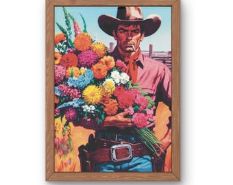 May include: A framed print depicting a cowboy wearing a brown hat and a red neckerchief, holding a large, vibrant bouquet of colorful flowers including orange, yellow, pink, and blue blossoms. The figure wears a brown leather belt with a buckle.