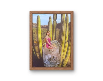 Cactus Collage Print, desert wall art, vintage western print, bar cart decor, Palm Springs vintage poster, retro cocktail art, pink desert