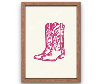 Hot Pink Distressed Cowboy Boot Art, PRINTABLE Western Art, Vintage Western Decor, Cowgirl Boot Poster, Retro Cowgirl Print, Pink Cowboy Art