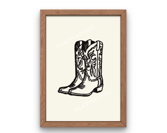 Black Distressed Cowboy Boot Art, PRINTABLE Western Art, Vintage Western Decor, Cowgirl Boot Poster, Black and White Western Illustration