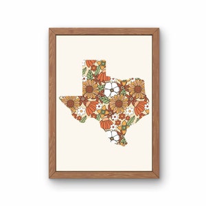 Impression florale rétro du Texas, art du Texas imprimable, art de l'État du Texas, affiche de carte du Texas, cadeau de pendaison de crémaillère au Texas, art rétro du Texas, art occidental des années 70