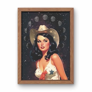 Retro Space Cowgirl Wall Art, Vintage Cowboy Art, Surreal Western Art Print, Cosmic Cowgirl Art Print, Trendy Wall Art, Girly Dorm Decor