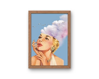 Vintage Surreal Collage Art Print: Pink Cloud Sky