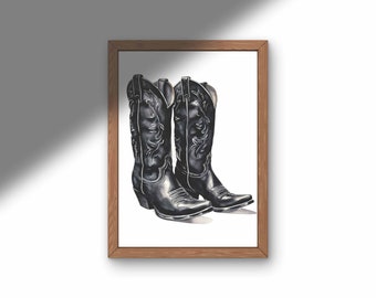 Black Cowboy Boot Art Print: Vintage Western Watercolor