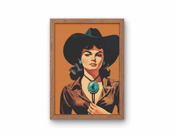 May include: A framed vintage illustration of a woman wearing a brown jacket and a black cowboy hat. She has turquoise earrings and a turquoise necklace with a silver pendant. The background is a warm orange color.