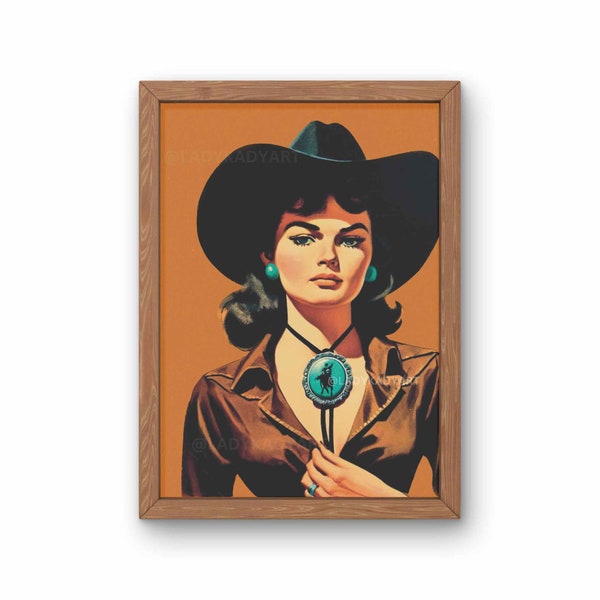 Retro Bolo Tie Cowgirl Wall Art, Vintage Western Art, 1970s Cowgirl Art Print, Trendy Western Wall Decor, Yallternative Wall Art Decor