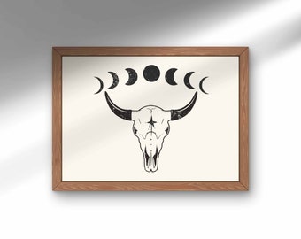 Western Distressed Cow Skull Print, Boho PRINTABLE Western Wall Art, Moon Phase Wall Art, Desert Decor, Retro Western Art Print