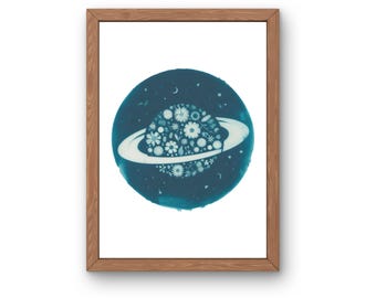 Cyanotype Planet Art Print, Space Theme Home Decor