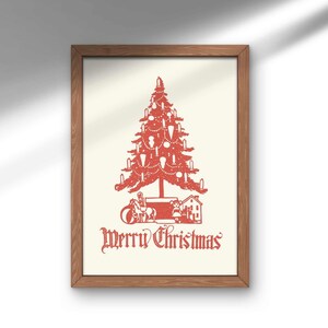 Merry Christmas Art Print, PRINTABLE Christmas Wall Art, Christmas Tree Downloadable Prints, Classic Christmas Decor, Vintage Christmas Art