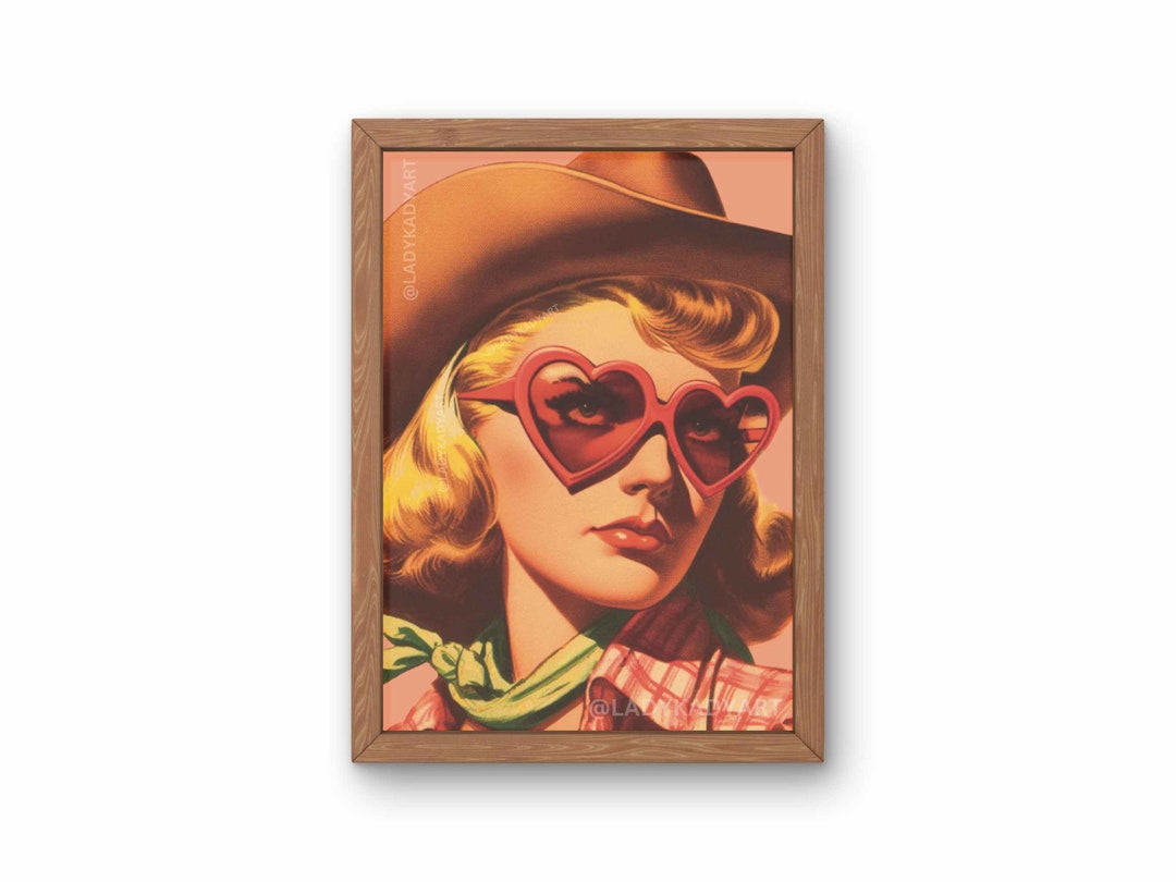 Heart Sunglasses Cowgirl Wall Art, Vintage Cowboy Art, Retro Western Art Print, Pink Cowgirl Art Print, Trendy Wall Art, Girly Dorm Decor