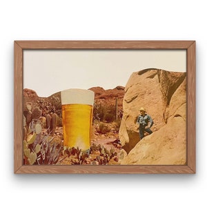 Vintage Cowboy Collage Art Print, Vintage Western Wall Art, Desert Wall Decor, Retro Beer Poster, Surreal Collage Art, Retro Collage Print