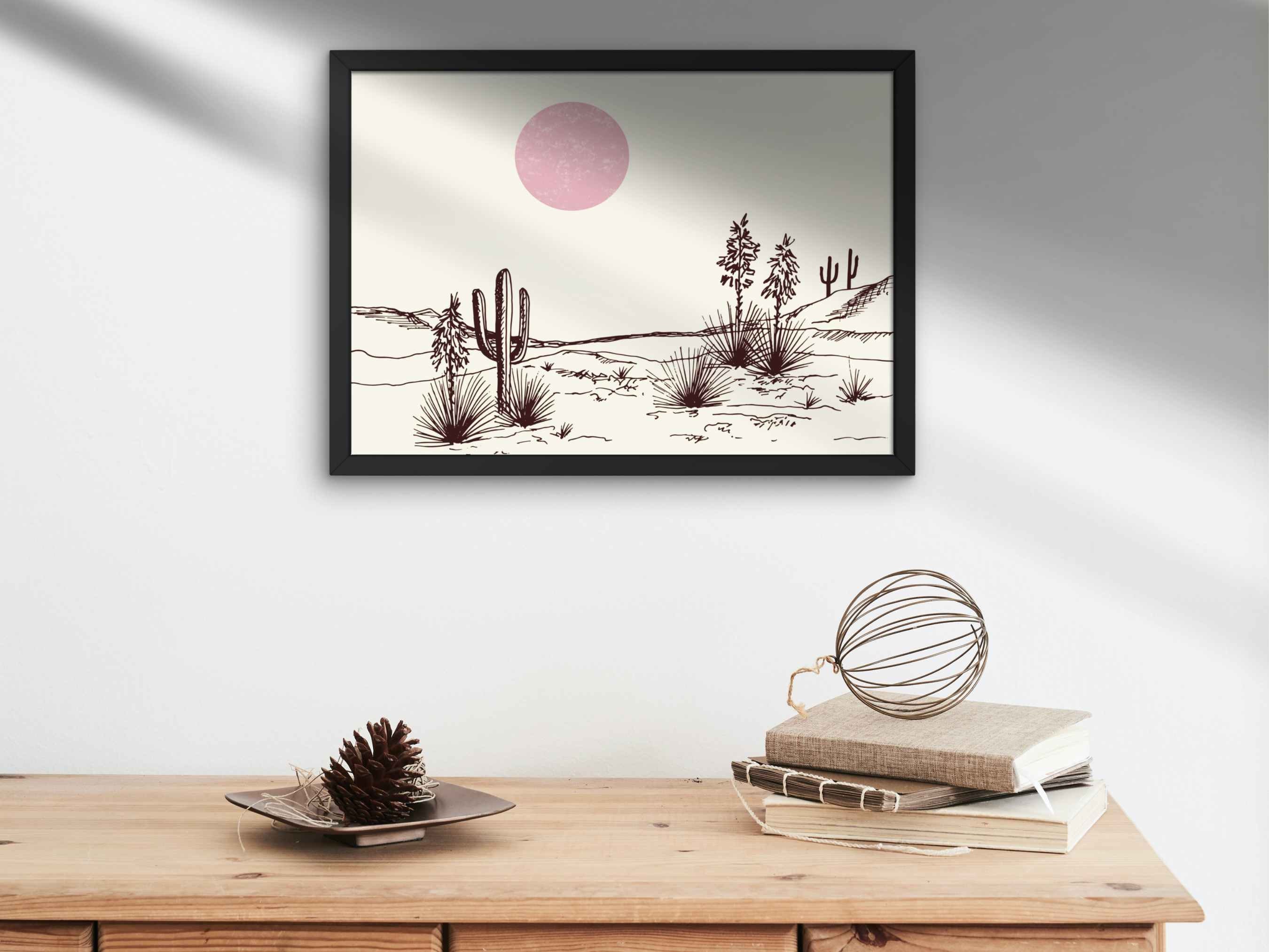 Pink Cactus Desert Landscape Print: Minimalist Western Wall Art ...