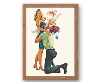 May include: A framed art print featuring a vintage-style illustration of a person in a blue dress standing while another person in a light green shirt and dark trousers kneels before them. A large, colorful bouquet of flowers replaces the kneeling person's head.