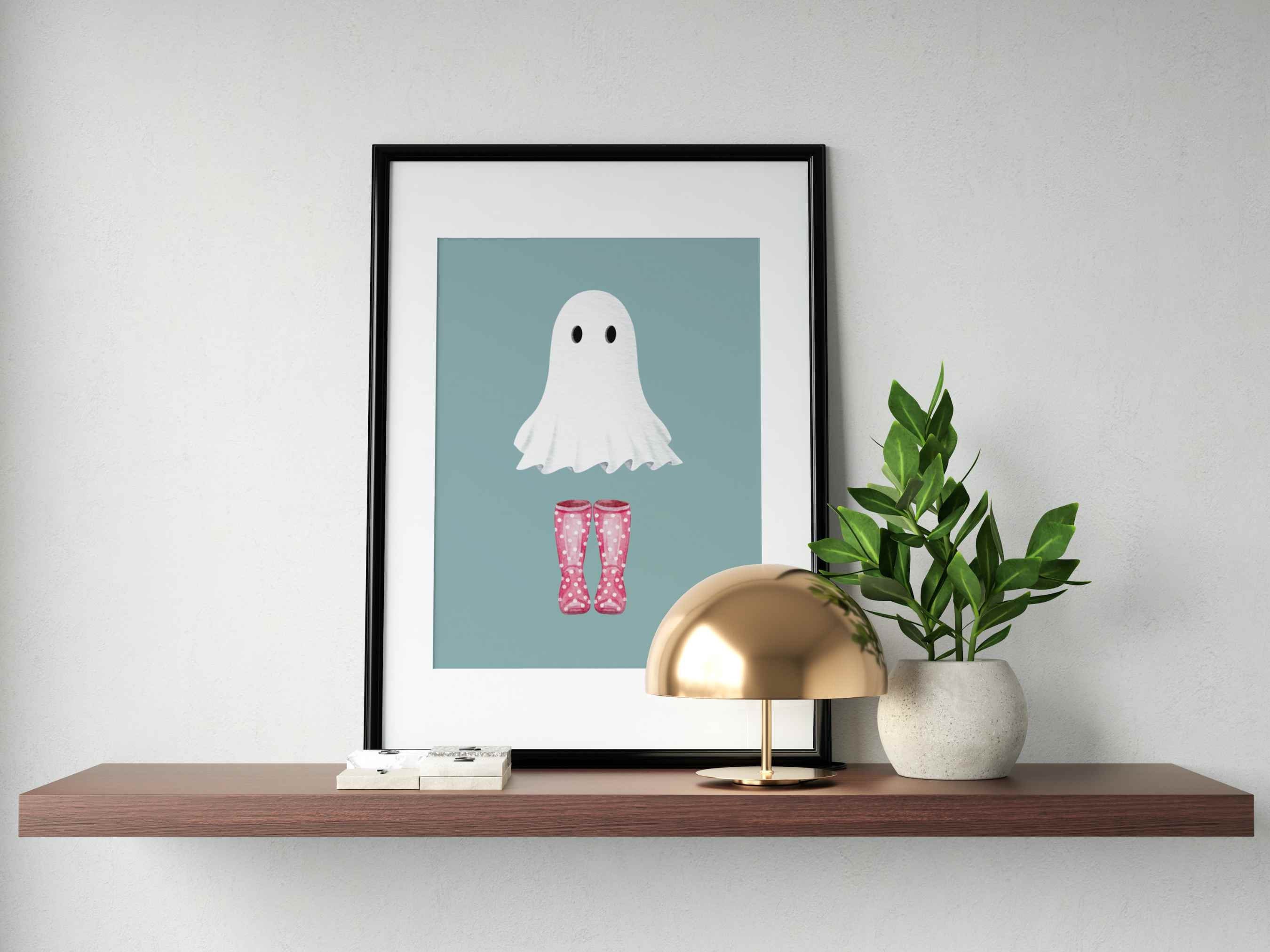 Ghost in Pink Rain Boots Art Print, Halloween Decor (digital